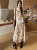 Butterfly Floral French Camisole Dress: V-Neck, Slim Fit, Cinched Waist, Bodycon Long Dress - Perfect for Summer Vacation.