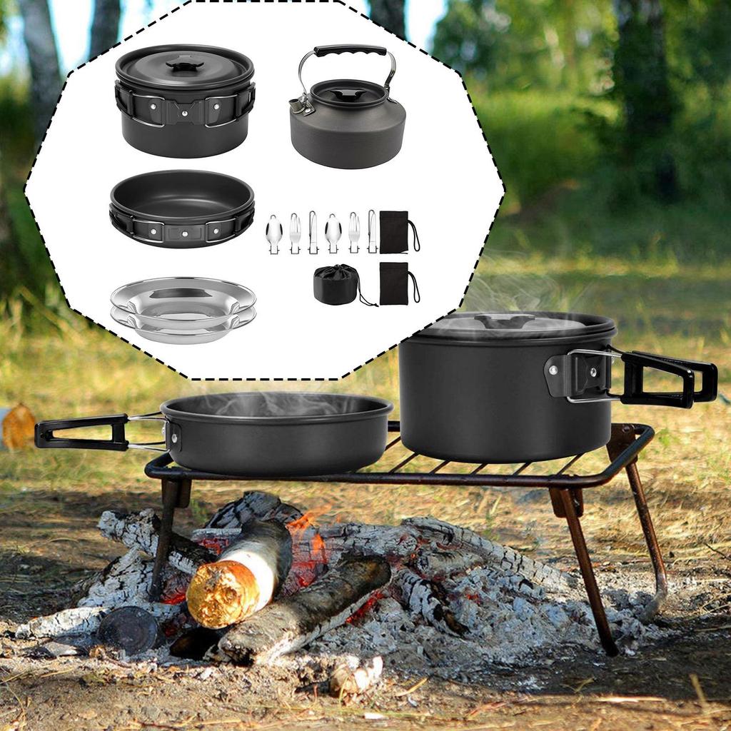 Camping Cookware Set Spoons Knives Outdoor Cooking for Travel Yard Beach Black
