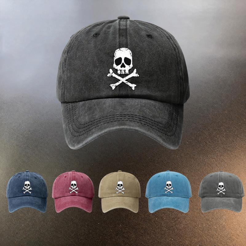 Skull And Bones Pattern Washed Cap Casual Outing Sunshade Baseball Hat Fashionable Couple Essential Hat Retro Street Style I