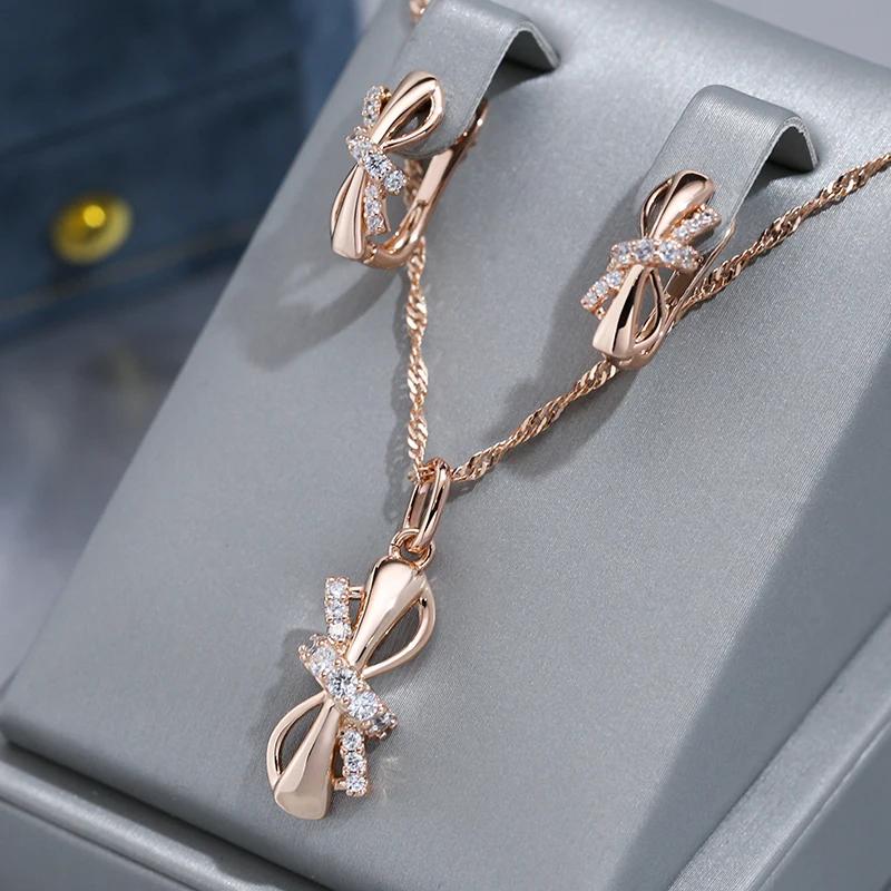 Micro Inlay Zircon Knot Design Pendant Glossy Gold Color Necklace for Women Vintage Fashion Jewelry