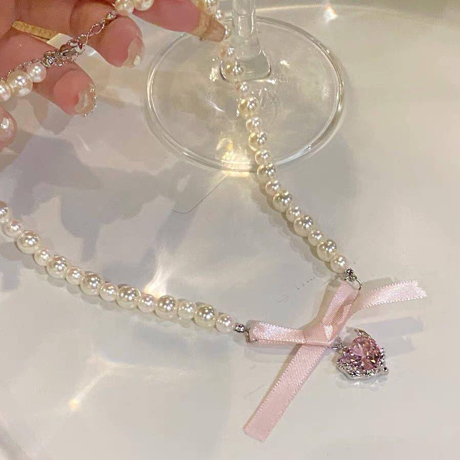 French Pink Heart Bow Pearl Princess Choker Necklace - Cute Clavicle Chain Luxury Accessory