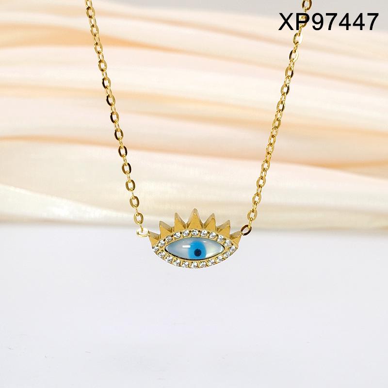 Elegant European Blue Gold-Plated Titanium Steel Eye Pendant Necklace for Women - Versatile Clavicle Chain Jewelry