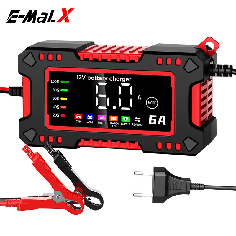 New 6A 12V Car Battery Charger Car and Motorcycle 14.6V LiFePO4 Lead Acid Battery Charger and Smart Pulse Repair Maintainer Red-EU Plug