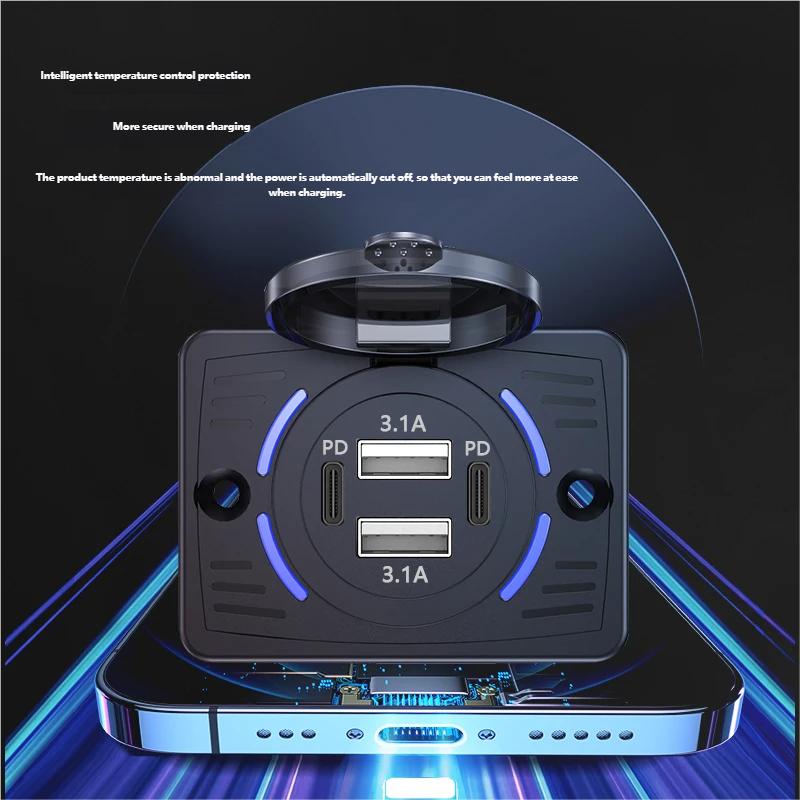 שקע מטען רכב כפול USB 12V-24V QC3.0 PD 3.1A/2.1A טעינה מהירה עם פאנל שקעים מכסה הזזה מתאם למשאית קרוואן רכב פנאי