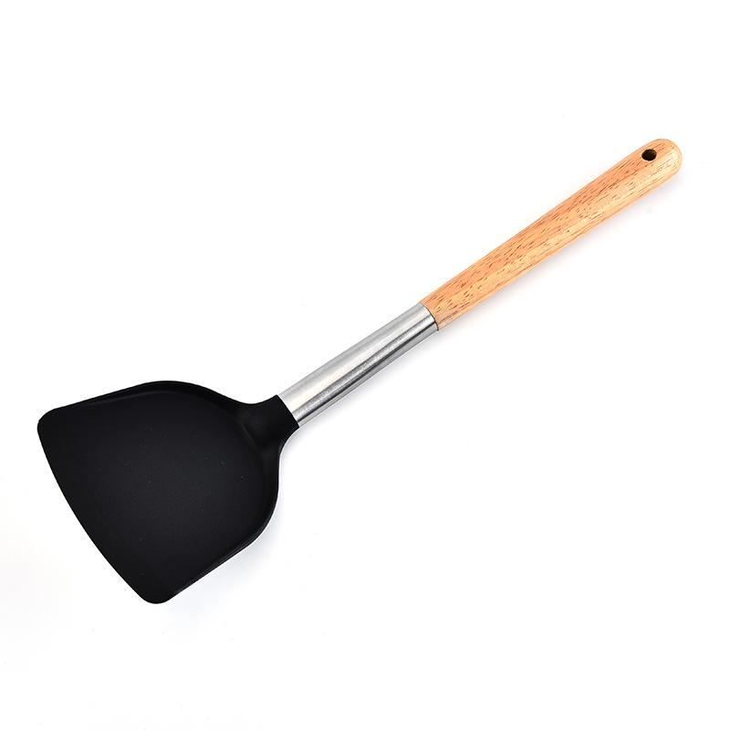 Durable Wooden Handle Silicone Kitchenware 7-Piece Set: Non-Stick Spatula & Spoon