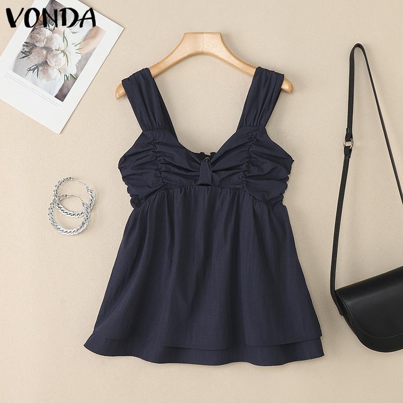 VONDA Women Strap Sleeveless Ruffled Back Elastic Casual Stretch Tank Tops
