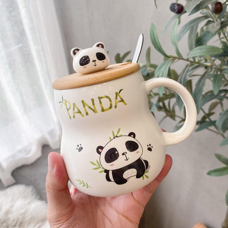 Roztomilý kreslený panda Keramický hrnek 400ml S víčkem a lžičkou Kávové hrnky Hrnky na mléčný čaj Snídaňový šálek Nápojové sklo Novinka Dárky