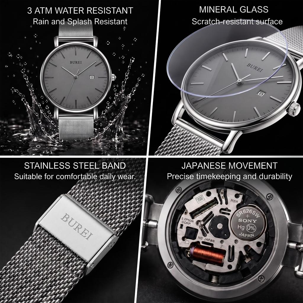 BUREI Japanese Quartz Date Popular Stainless Steel Milanese Mesh Silver Gray Men's Watch, Movement, Waterproof, Display, Brand, Stylish, Simple,