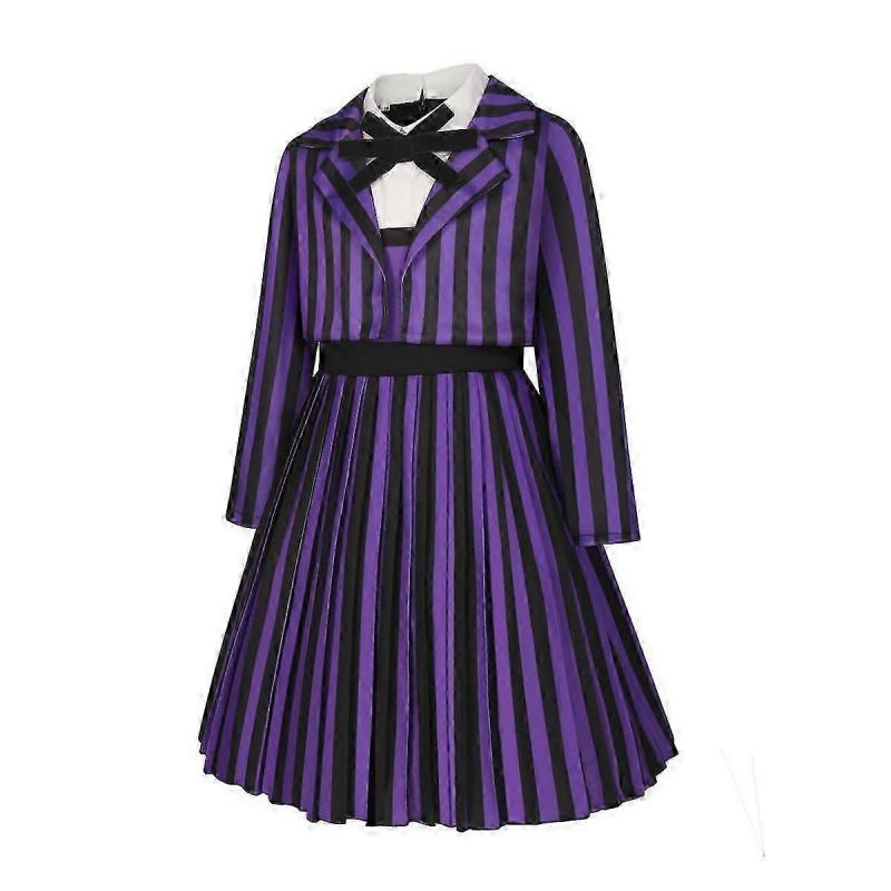 Wednesday Addams Costume Purple Outfit Striped School Uniform Halloween Cosplay Costume for Kids Adults