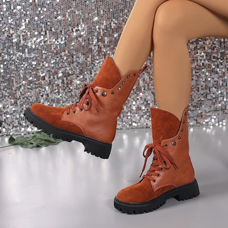 French Vintage Mid-Thigh Boots Fall New Round Toe Spliced Front Lace-Up Rivet Soft Sole Non-Slip Kitten Heels