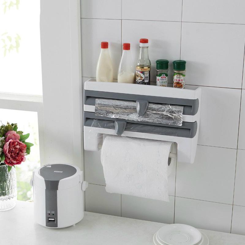 Multifunctional Wall-Mounted Kitchen Storage Rack with Cutter for Plastic Wrap, Foil, and Paper Towels