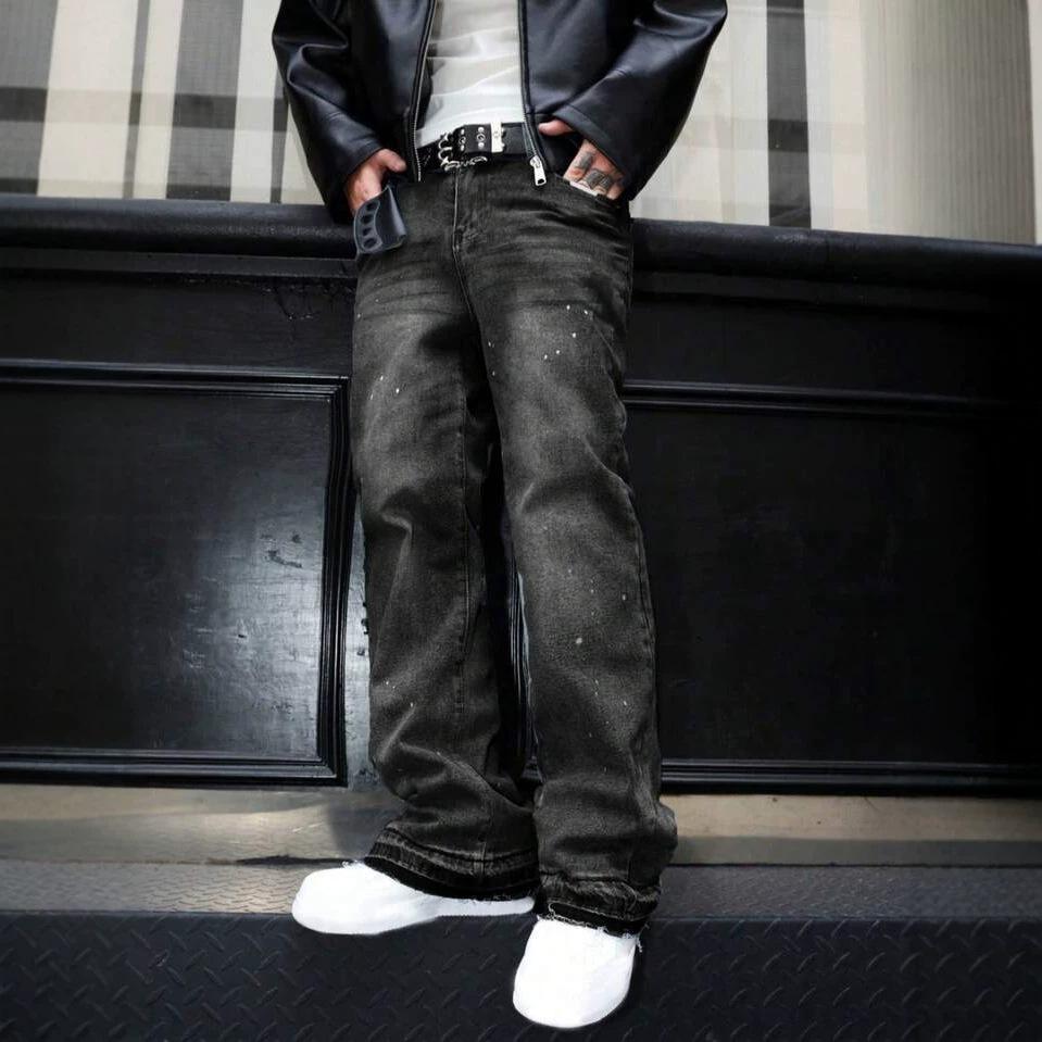Popular American Retro Washed Old Gray Ink Splashing Scimitar Jeans Men's Trendy Brand Loose Wide-leg Pants