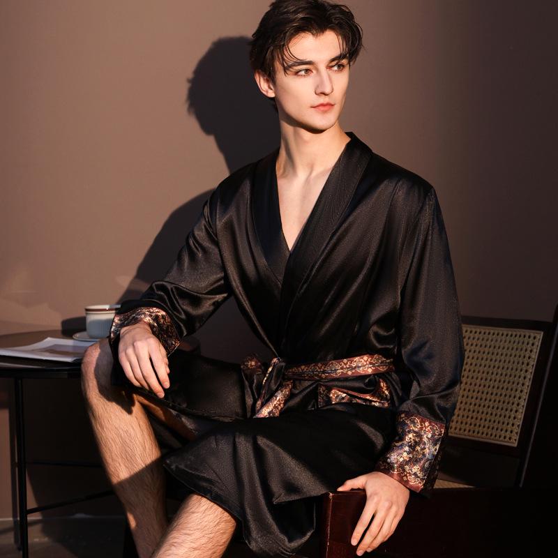 Men's Spring & Autumn Long Sleeve Ice Silk Pajama Robe - Mid-Length, High-End Feel