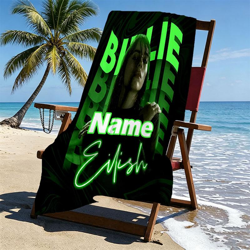 Custom Name Personalized Billie Eilish Print Beach Towel, for Trip Camping Beach Party Home Decor, Birthday Gift for Family & Friends