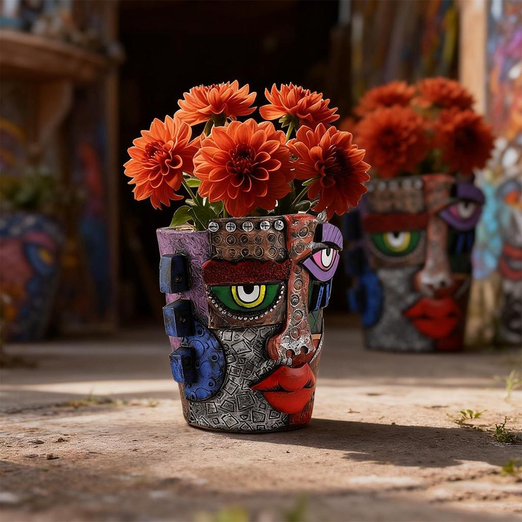 Mayan Abstract Colorful Resin Flower Pot for Garden & Living Room Décor, Green Plant Succulents & Bonsai Display