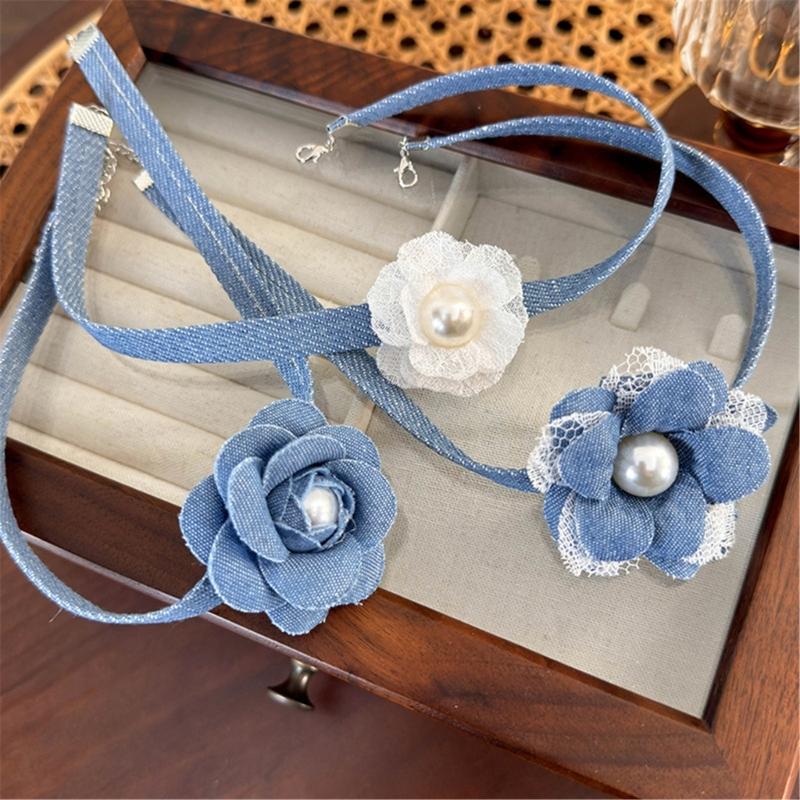 Elegante Collana Floreale in Jeans Blu Collare a Fiore 3D Catena con Lacci Choker Collane Tendenza Estiva Gioielli per la Clavicola