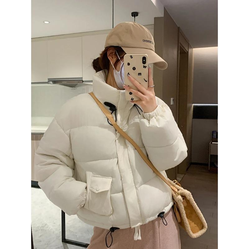 Fashion Black Down Cotton Solid Jacket Women's Short Korean Version Warm Cotton Jacket Bread Winter Coat Outerwear Parkas