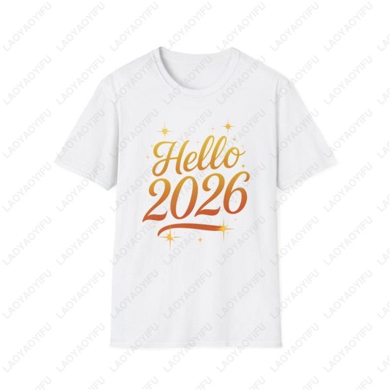 Hello New Year 2026 Classics TShirt Gift Festival Celebration Creative Gold Script Glisten Unisex Adult Breathable Cotton Tops