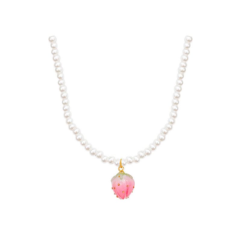 Peach Pendant Pearl Necklace for Women Exquisite Sweet Flower Bead Collarbone Chain Dopamine Style Casual Versatile Jewelry Gift