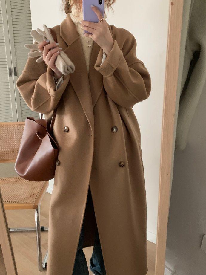 Women's Hepburn Style Korean Pink Wool Coat - Mid-Length, Autumn/Winter 2025 Collection, Petite Fit, High-End Feel