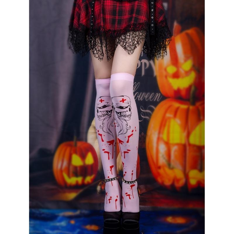 Women Thigh High Socks Over the Knee High Stockings Japanese Skeleton Skull Print Long Socks Thin Halloween Stockings
