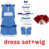 Maid Dress Blue And White Ruffled Bow Long Lolita Dress Red Double Ponytail Curly Wig Cosplay Halloween-themed Party Costume