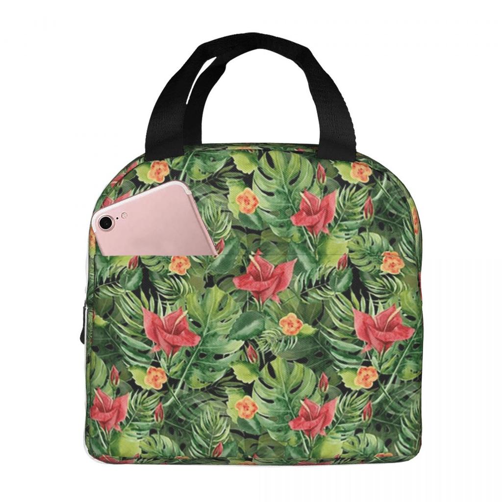 Tropical Green Leaves And Flowers Pattern Insulated Lunch Bag for Women Kids Portable Food Boxes Thermal Lunch Box Tote