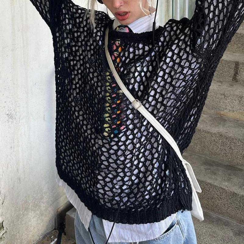 Harajuku Lochmuster Strickpullover Rundhalsausschnitt Herbst Vintage Fee Grunge Oberteil Mode Retro Pullover