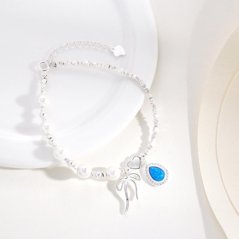 S925 Sterling Silver Bow Bracelet with Pearl & Artificial Opal - Elegant Niche Design for Women 925 Silver серебряный