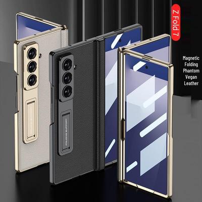 Samsung Z Fold7 Electroplated Leather Magnetic Case with Bracket - Anti-drop Protective Cover