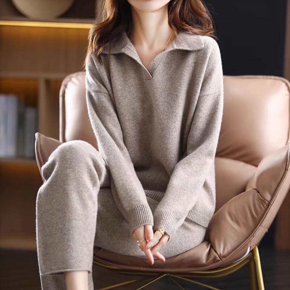 Women's Loose Leisure Two-piece Suit Long Sleeve Polo Collar Knit Top High Waist Wide Leg Pants Elegant Minimalist Solid Knit Tracksuit