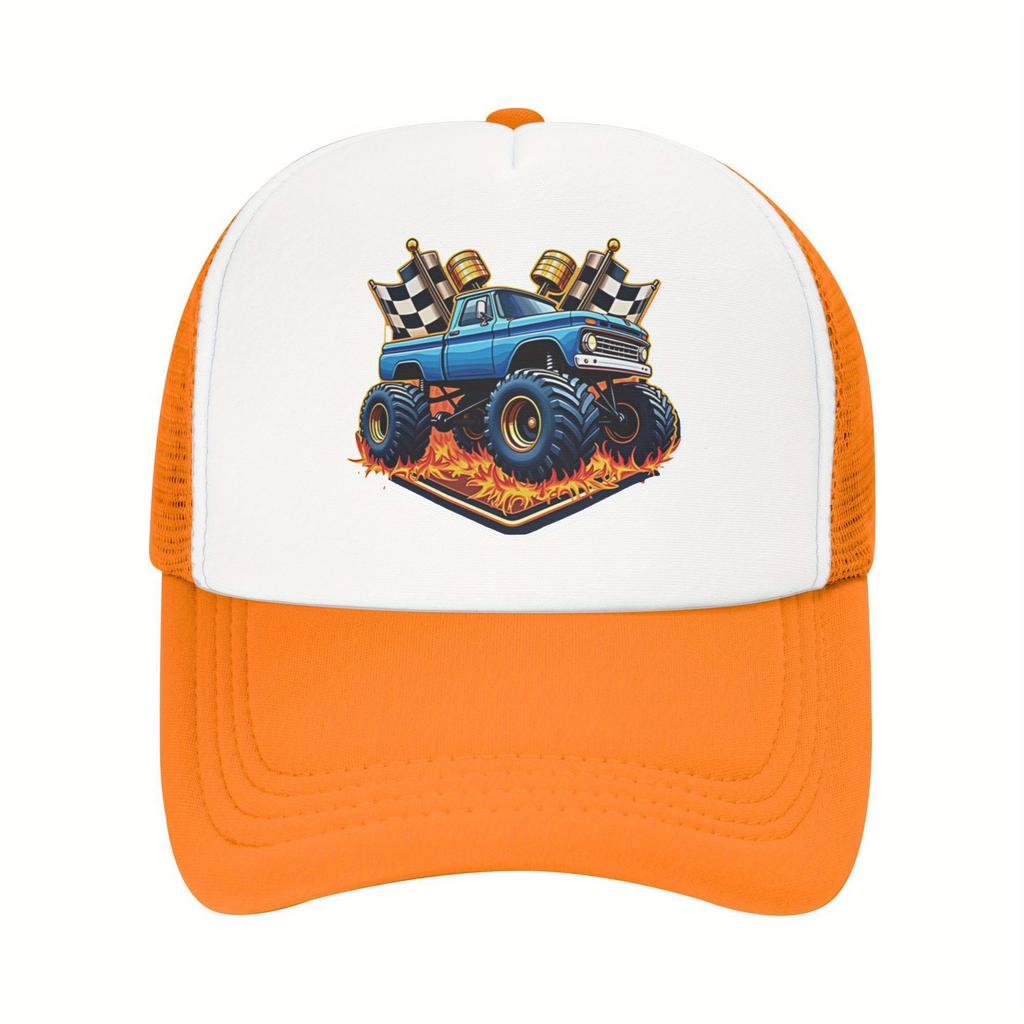 Boné Trucker com Chamas de Monster Truck e Bandeiras Quadriculadas, Tela Respirável, Boné de Basebol para Fãs de Automobilismo