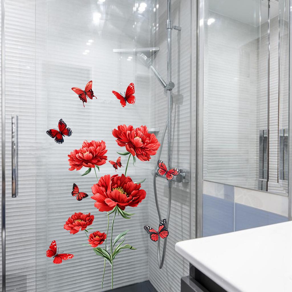 Creative Red Flower Butterfly Sticker Self-Adhesive Wall Decal for Living Room Bedroom Entrance Home Decoration