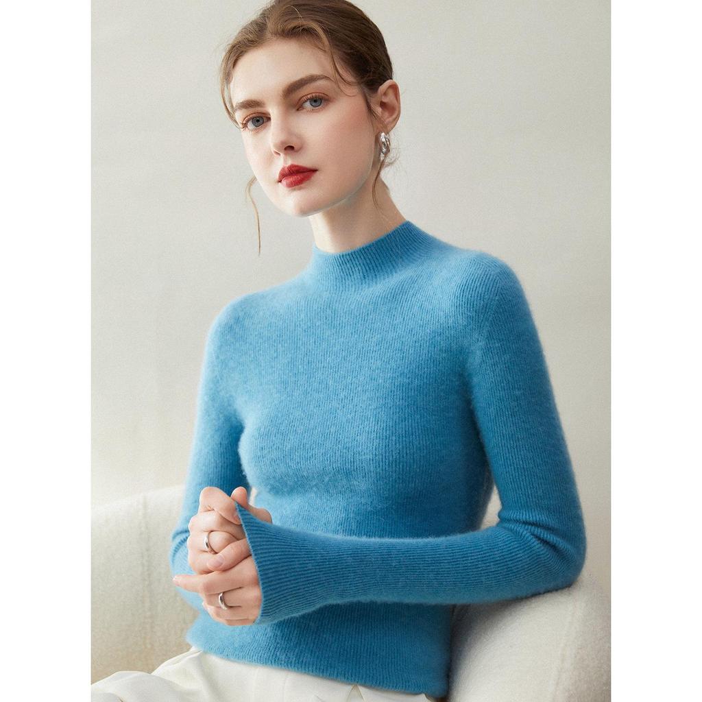Kangsai Ni Women's Cashmere Slim-Fit Half-High Neck Sweater - 100% Pure Cashmere Knit Base Layer