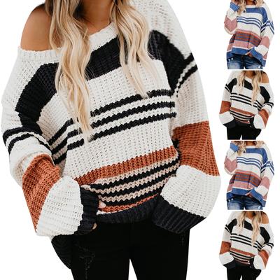 Damski sweter z długim rękawem w paski, blok kolorów, casualowy, luźny, dzianinowy