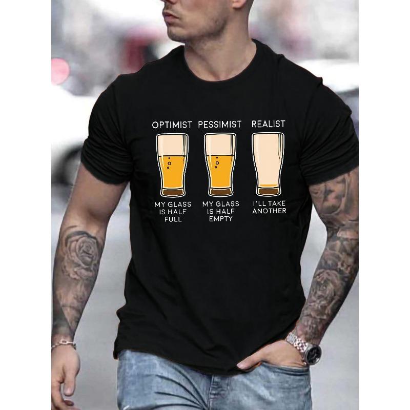 Optimist Pessimist Realist Beer Glasses T-Shirt for Men - Casual Summer, Round Neck, Printed Pattern, Regular Fit S чёрный
