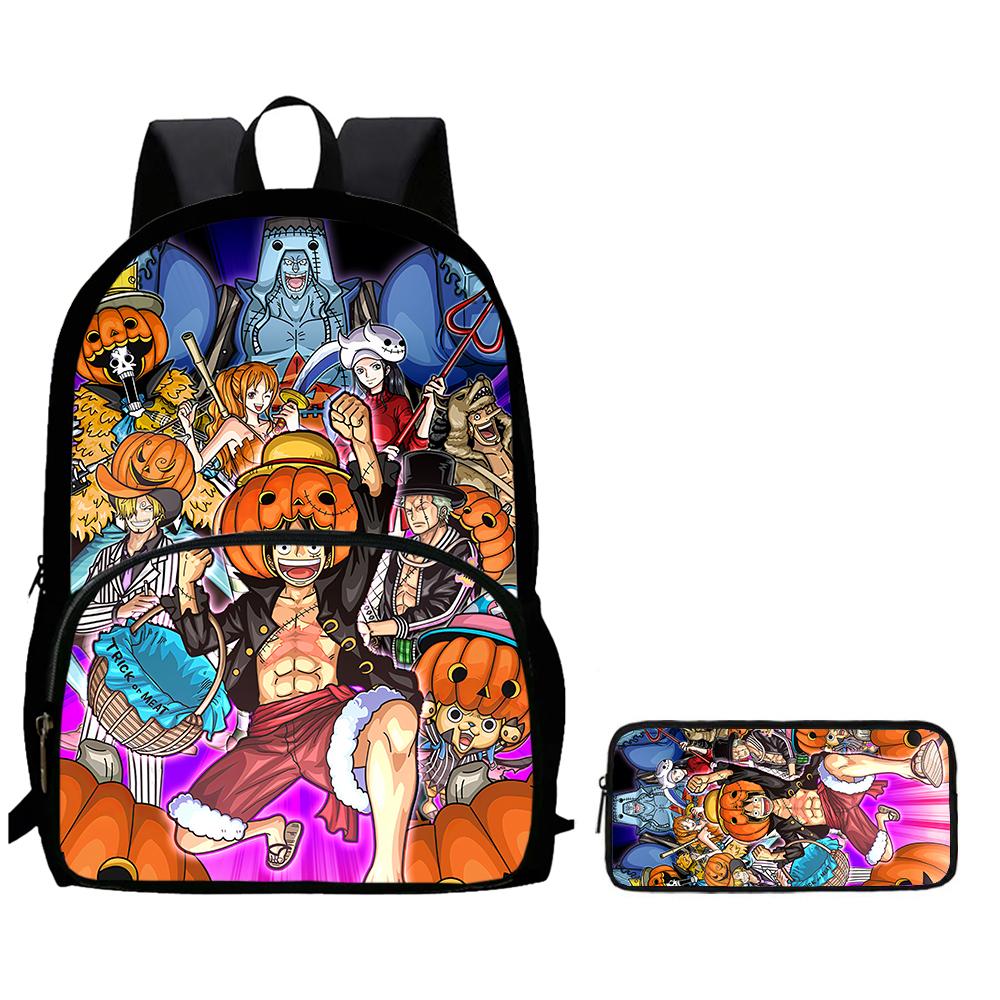 Cartoon ONE PIECE 2Pcs Set Mochila Lightweight Large Capacity Front Pocket School Backpack with Pencil Case for Boys Girls Trip