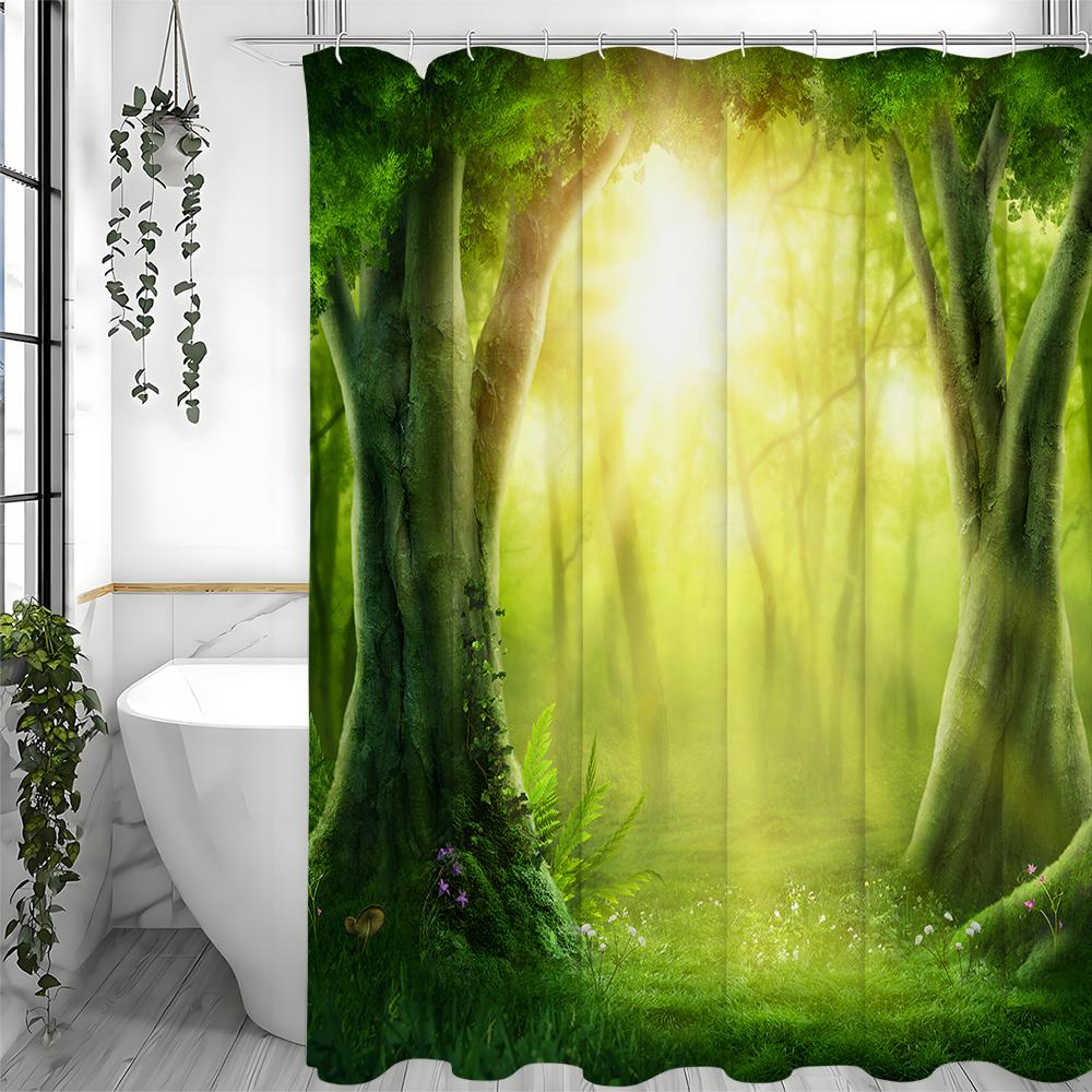 Tree Deep Forest Greenery Cure Green Sunshine Shower Curtain, Bathroom Decorative Shower Curtain, Waterproof Shower Curtain with