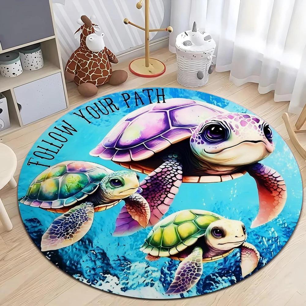Sea Turtle Group Beach Round Rug Durable Floor Mat for Kids Room Living Room Ocean Theme Home Decor Carpet