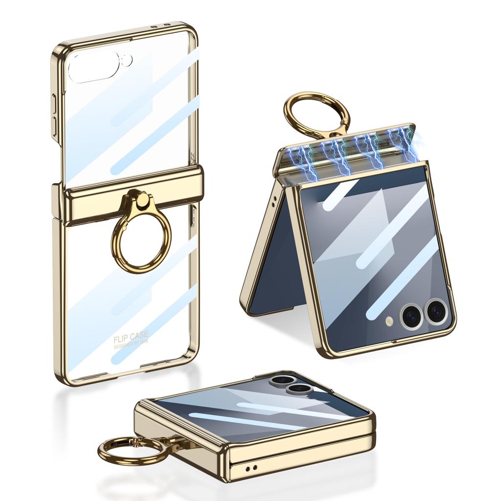 Luxury Plating Magnetic Hinge Case for Samsung Galaxy Z Flip 7 6 5 Screen Glass Ring Holder Hard Cover for Galaxy Z Flip7 Case