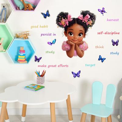Cartoon Little Girl Inspirational English Slogan Study Home Background Beautification Decoration Wall Stickers