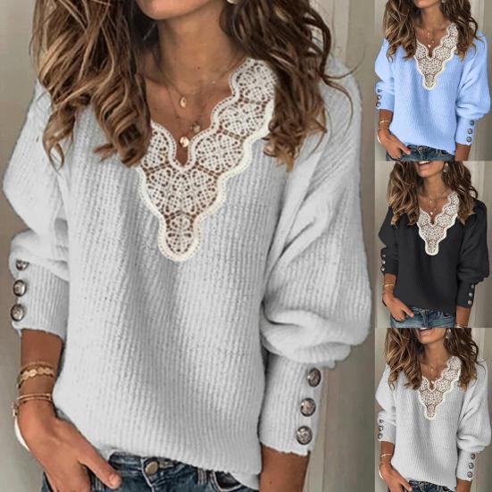 Maglione da Donna Autunno Inverno Manica Lunga Patchwork di Pizzo Scollo a V Bottoni