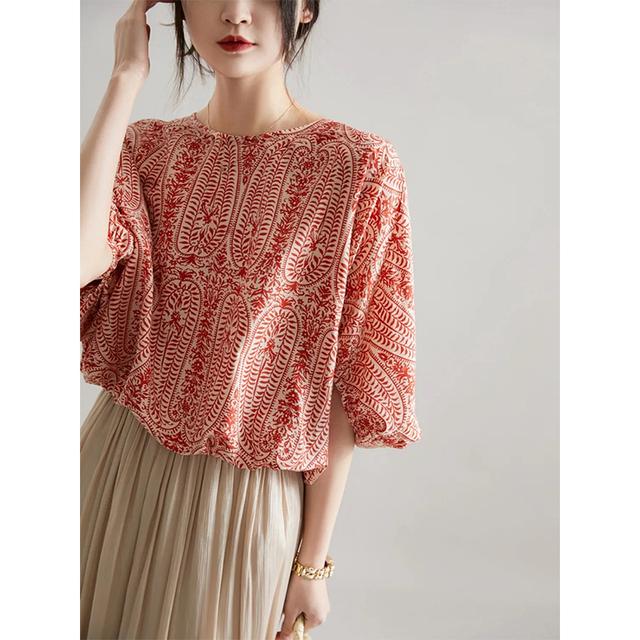 Elegant Blouses Women Vintage Bow Bandage Print Shirts Office Lady Summer Korean Casual Spring