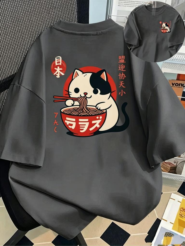 Cute Raunisex Cat Japanese Print TShirt Kawaii Anime Harajuku Streetwear Oversized Casual Tee Unisex