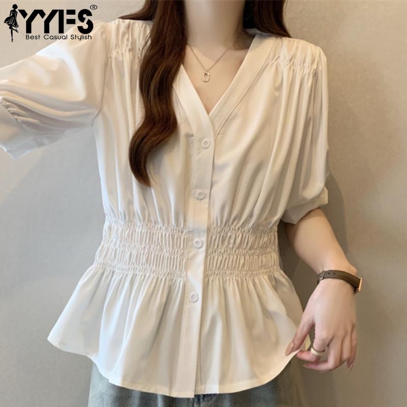 YYFS Dámská móda Ležérní Léto Jaro Jednobarevný potisk Halenky a košile s krátkým rukávem a výstřihem do V