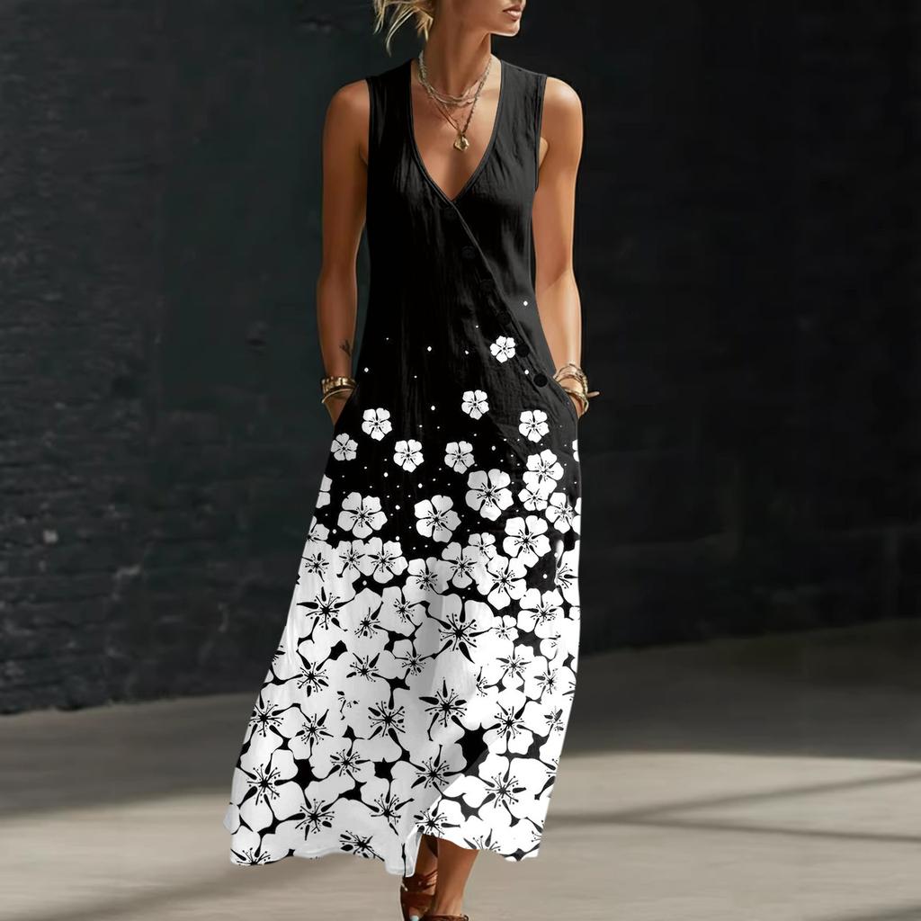 Sommerkleider für Damen, fließendes, lässiges Midikleid, Strandkleid mit Taschen