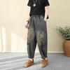 Women Vintage Ethnic Embroidery Jeans Elastic Waist Loose Harem Cropped Denim Pants With Frog Buttons