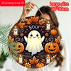 2D Flat, 1pc Vintage Metal Spooky Halloween Wall Sign - Round Aluminum Wall Hanging Decor with Ghosts, Pumpkins, Bats & Cobwebs - Featherless