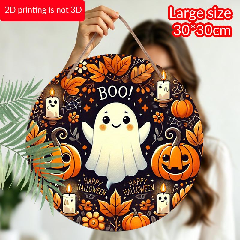 2D Flat, 1pc Vintage Metal Spooky Halloween Wall Sign - Round Aluminum Wall Hanging Decor with Ghosts, Pumpkins, Bats & Cobwebs - Featherless