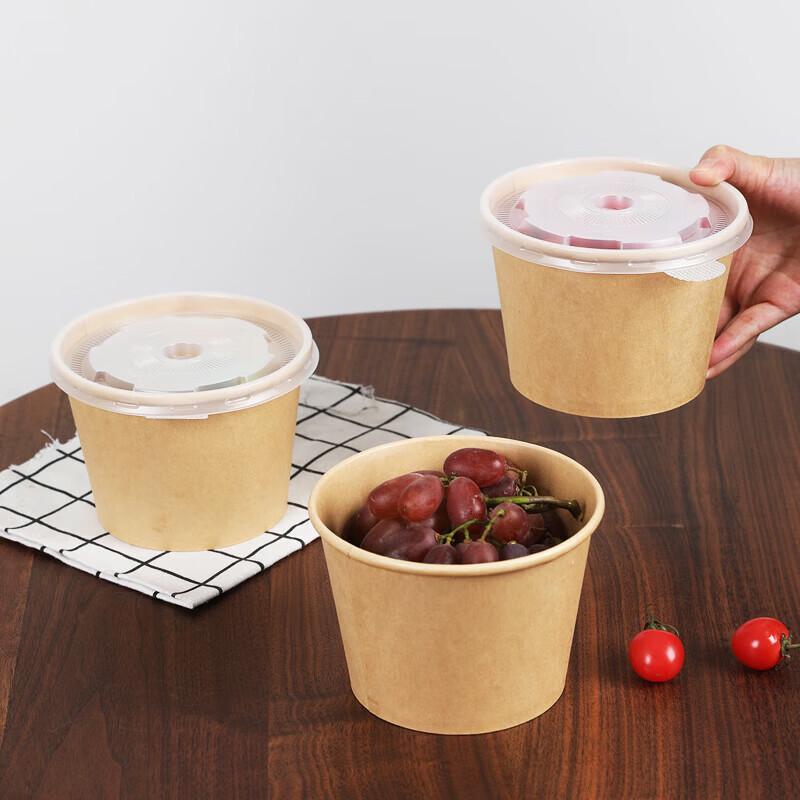 Fangcaodi 3G6002 Thickened Disposable Paper Bowls with Lids, 360ml (50-Pack)